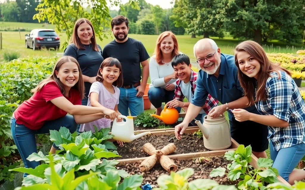 A diverse group of people collaborating in a community garden, symbolizing collective effort