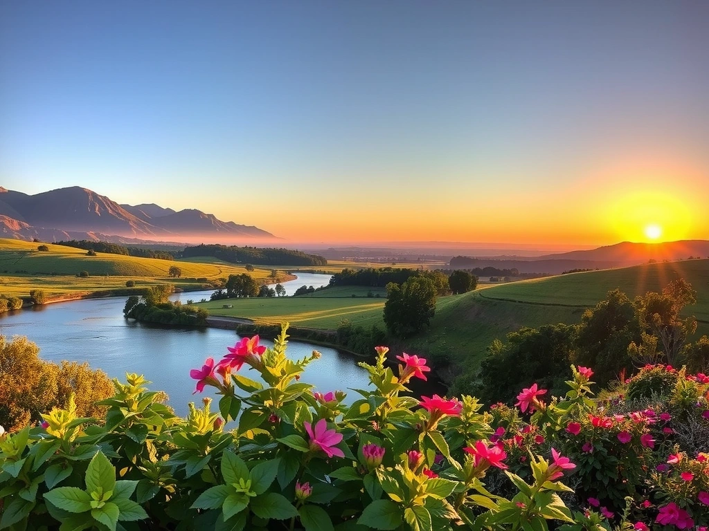 A serene landscape with diverse flora and a sunrise, representing a harmonious future