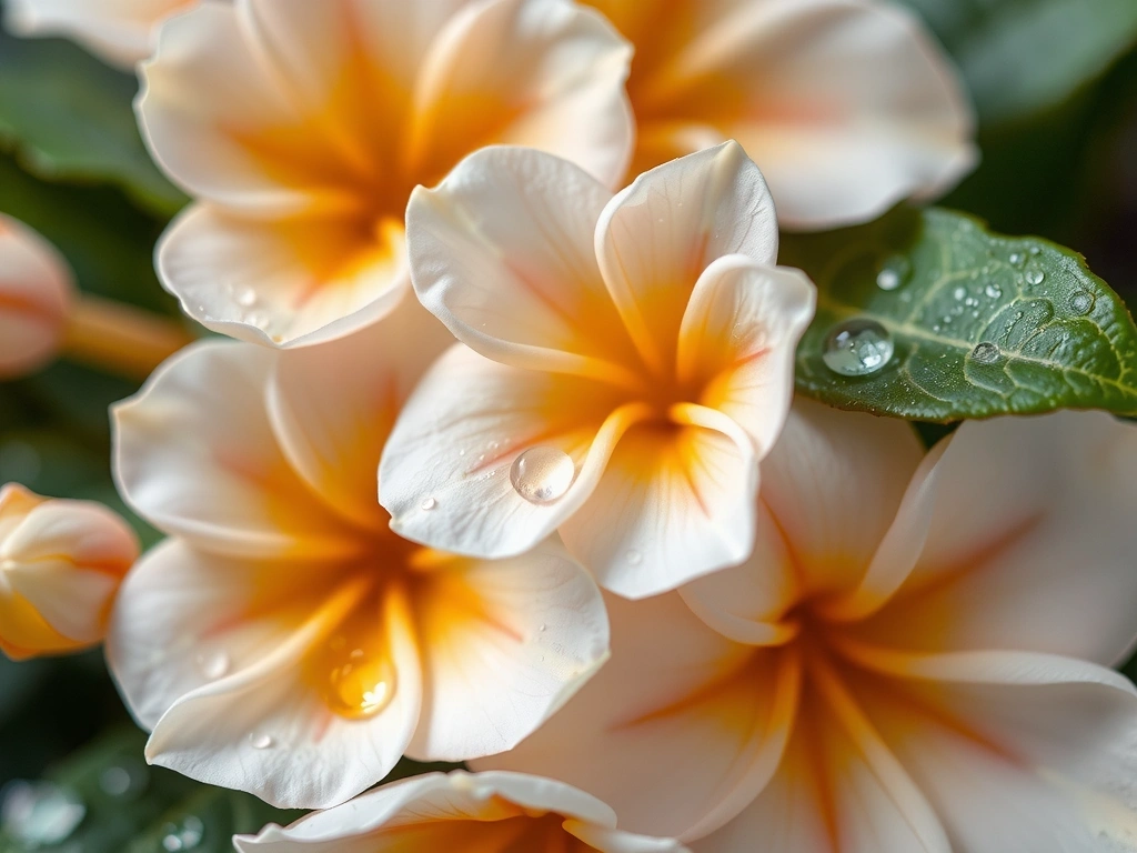 Soft, ethereal lighting, close-up of delicate flowers and leaves with water droplets, minimalist, no text.